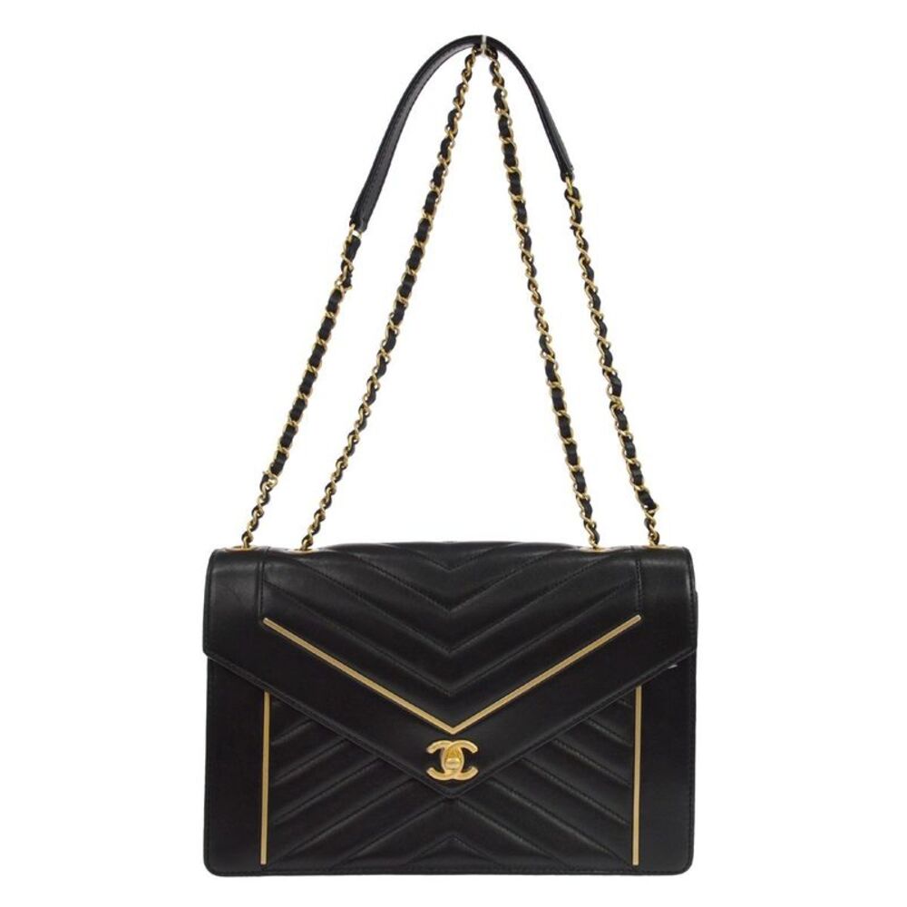 Chanel Reversed Flap Chevron Lambskin Black Leather Handbag